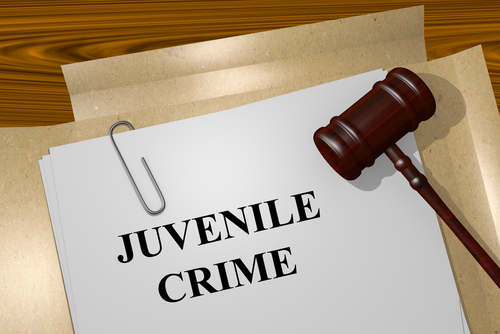 A piece of paper reading "JUVENILE CRIME." A wooden gavel rests on top of the piece of paper.
