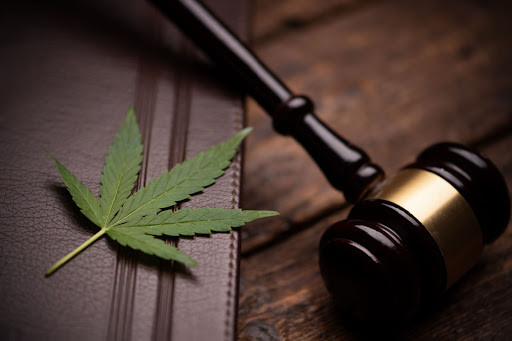 A gavel sits by a marijuana leaf.