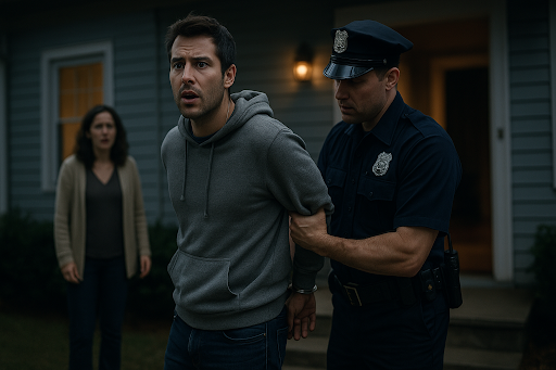 A man is arrested after being falsely accused of a crime by his wife. She stands in the background shocked. The cop handcuffs him in front of his home. His life is ruined.