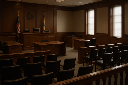 A coutroom is pictured. It looks to be located in New Jersey. It sits open with no people in the picture. It is in the typical wood fashion.